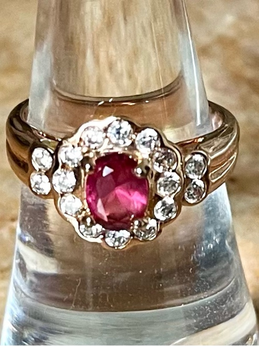 BP RETRO Rose Gold Ring with Ruby Center Stone and White Topaz Halo